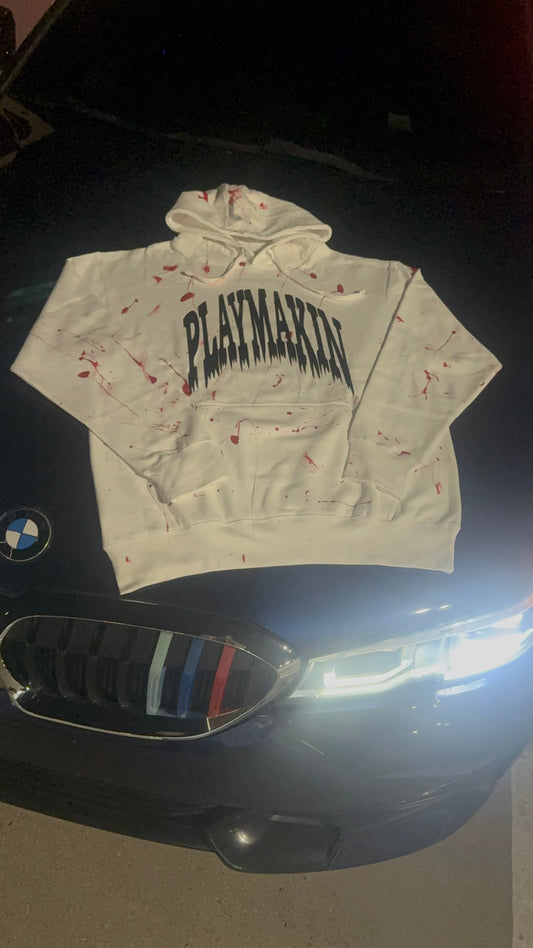Classic White PlayMakin Hoodie (Blood Splatter Themed)